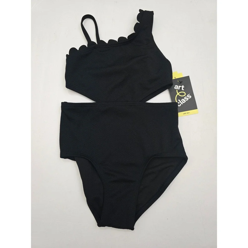 Art Class Girls Black Scalloped Cut Out One Piece Swimsuit XS 4/5 NWT